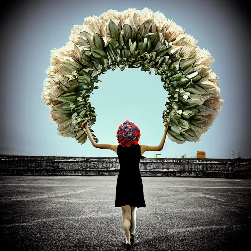 Image similar to giant flower head, woman walking, surreal photography, cinematic, blue sky, symmetry, detailed, bright, retro, wes anderson