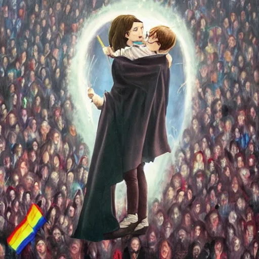 Image similar to harry potter hugging voldemort, pride flag in background, full picture, art by normal rockwell