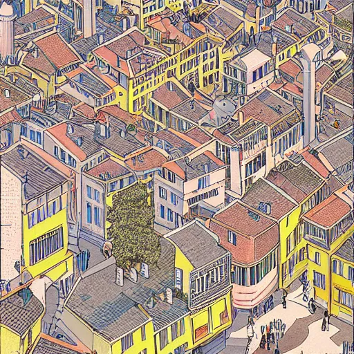 Image similar to isometric view illustration of a medieval Marseille street corner, highly detailed, mid day by Victo Ngai