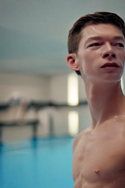 Image similar to close up still shot of jacob lofland standing on the diving board, summer olympics footage, 3 5 mm, highly detailed, color photo, cinematic lighting, symmetrical, center