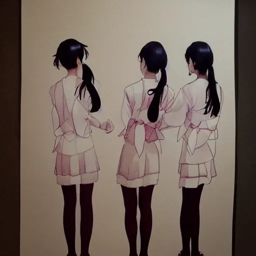 Image similar to a perfect, realistic professional digital sketch of a Japanese schoolgirls posing in a luxury hotel room, style of Marvel, full length, by pen and watercolor, by a professional American senior artist on ArtStation, a high-quality hollywood-style sketch, on high-quality paper