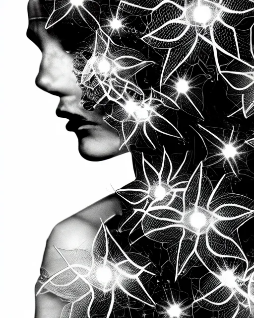 Image similar to black and white dreamy spiritual flower - fish - cyborg high quality portrait photo, microchip leaves, artificial intelligence, cinematic, rim light, photo - realistic, elegant, high detail, 8 k, masterpiece, high fashion