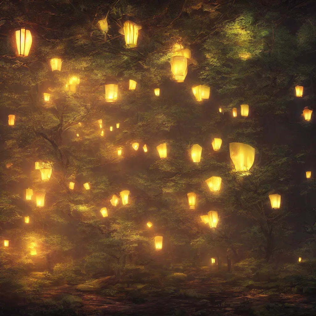 Image similar to Japanese forest at night, lanterns, highly detailed, dreamlike!, digital painting, volumetric lighting, digital art, 8K photography, matte vivid colors, perspective, octane render, breathtaking, by Maximilian DegenPro of Artstation, Hayao Miyazaki Studio Ghibli!! style