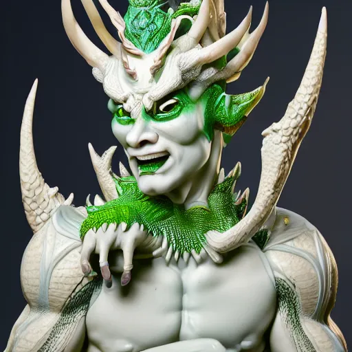 Image similar to a closeup portrait photo, alabaster and jade real delicate ceramic porcelain sculpture of an ornate detailed humanoid dragon demon devil god in front of an intricate background by rafael, micro detail, backlit lighting, subsurface scattering, translucent, thin porcelain, emerald, flames, amber, octane renderer, colorful, physically based rendering, trending on cgsociety