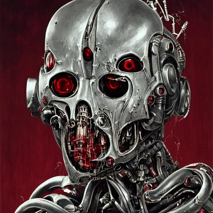 Image similar to in the art style of H.R. Giger a portrait of an evil, demented, battle-damaged ruby Ultron from Age of Ultron, clockwork steampunk, head and chest only, by Beksinski, 4k, deviantart, trending on artstation, bio-chemical, bionic, fiber-optics, wires, electrical, short circuit, robocop, terminator, t-800, T-1000, endoskeleton, steampunk