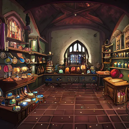 Image similar to inside a magical item shop, fantasy potion vendor interior, ufotable studio art style, wide angle, gothic interior