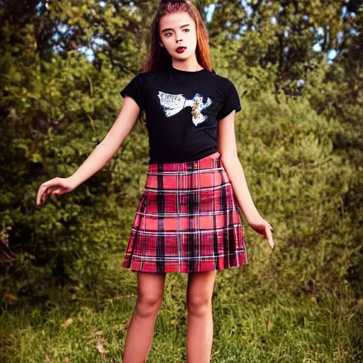 Image similar to female jade weber model teenage photography plaid mini skirt band shirt beautiful face, dramatic light darkroom