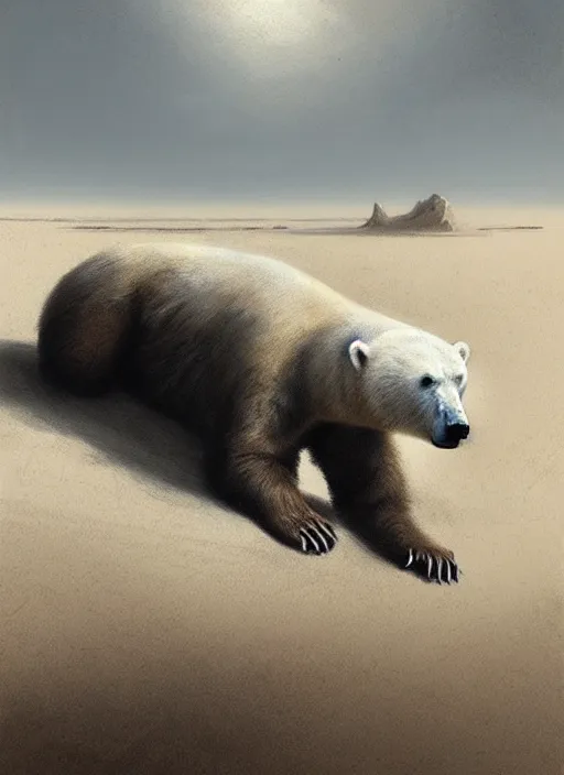 Prompt: dying polar bear on a desert, by greg rutkowski, trending on artstation, masterpiece, charcoal pencil