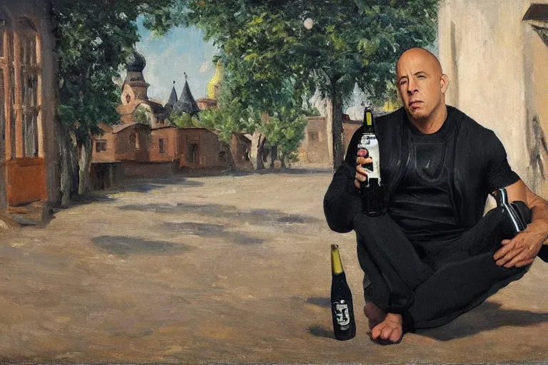 Prompt: vin diesel in a [ black sport adidas costume ] sits on a bench with a bottle of beer in the courtyard of a provincial russian town, oil on canvas, naturalism q