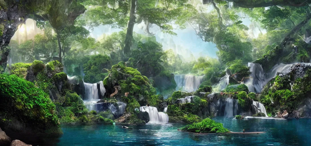 Prompt: a beautiful futurist forest island with waterfall floats in the air, matte painting, 4 k, details