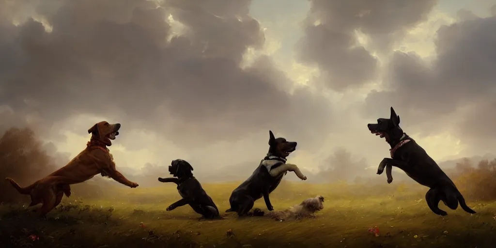 Prompt: two dogs fighting in a field, greek mythology, extremely detailed digital painting, in the style of goya and ruan jia and jeremy lipking and peter mohrbacher, mystical colors, rim light, beautiful lighting, 4 k, stunning scene, raytracing, octane, trending on artstation