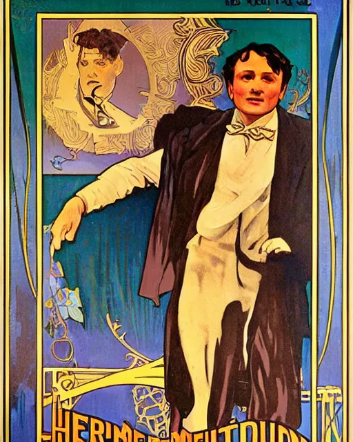 Image similar to of vintage poster of harry houdini by kerne erickson and alphonse mucha