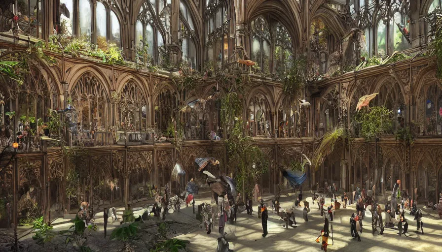 Prompt: interior of crowded neo - gothic london's indoor birds zoo, hyperdetailed, artstation, cgsociety, 8 k