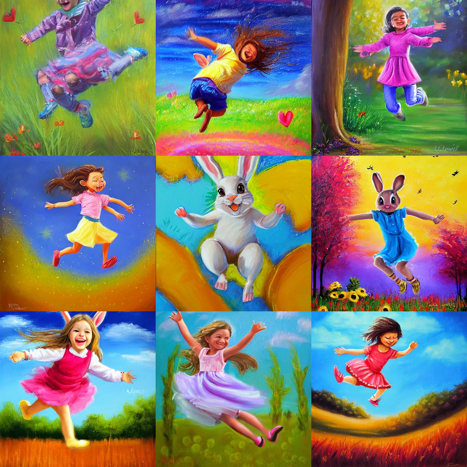 Prompt: painting of a happy jumping bunny by lilia alvarado