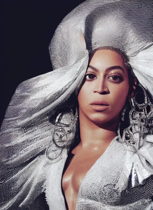 Image similar to music video still of beyonce styled by nick knight posing, showstudio, face close up, vogue magazine, canon, highly realistic. high resolution. highly detailed. dramatic. 8 k. 4 k.