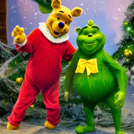 Image similar to winnie the pooh as the grinch, winnie the pooh cast as the grinch, full body shot