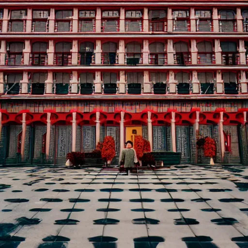 Image similar to Symmetric Wes Anderson film style in ShangHai , sharp focus , wideshot