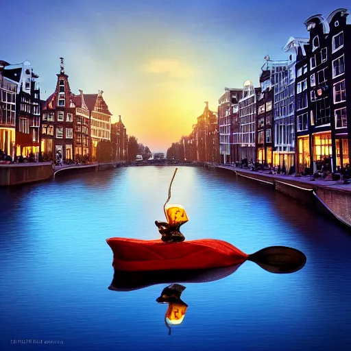 Prompt: a beautiful mouse sailing over a river in amsterdam during sunset dreaming about all the cheese, cartoon, trending on artstation, award winning