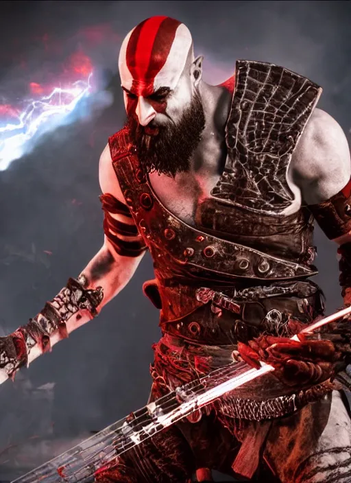 Image similar to red left eye paint stripe armored screaming kratos rocking out on a flaming stratocaster guitar, cinematic render, god of war 2 0 1 8, playstation studios official media, lightning, flames, clear, coherent, guitar