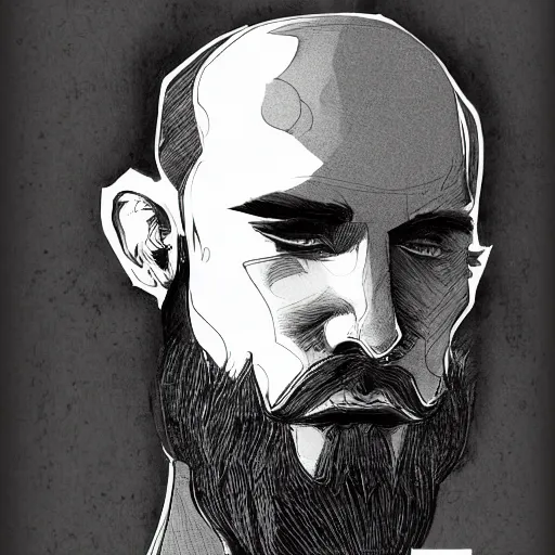 Image similar to very high angle view, very attractive man with beard, highly detailed full body, strong masculine features, slim, command presence, royalty, smooth, sharp focus, organic, appealing, book cover, deep shadows, by Dave McKean sketch lineart for character design