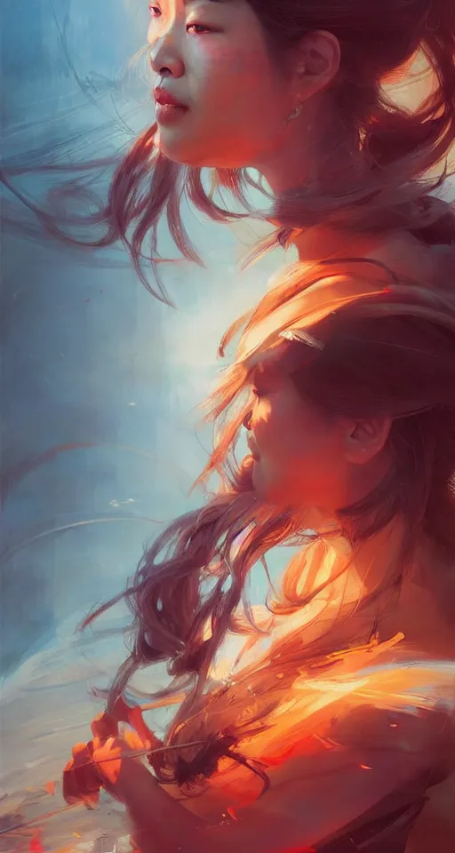 Image similar to beautiful asian ethnic warrior girl, digital illustration by ruan jia on artstation, outlined by whirling illuminated neon lines and fine lines swirling in circles by jesper ejsing and rhads and makoto and shinkai and lois van baarle, digital art, trending on artstation