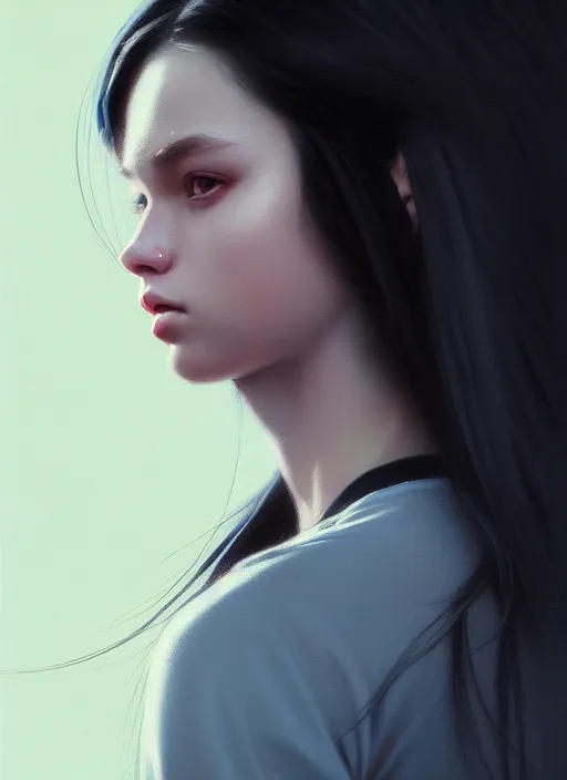 Image similar to ultradetailed beautiful painting of a stylish young lady wearing a sport top, dramatic, she has black long hair, distressed, volumetric light, full body portrait by greg rutkowski, ilya kuvshinov, james jean, makoto shinkai, on artstation