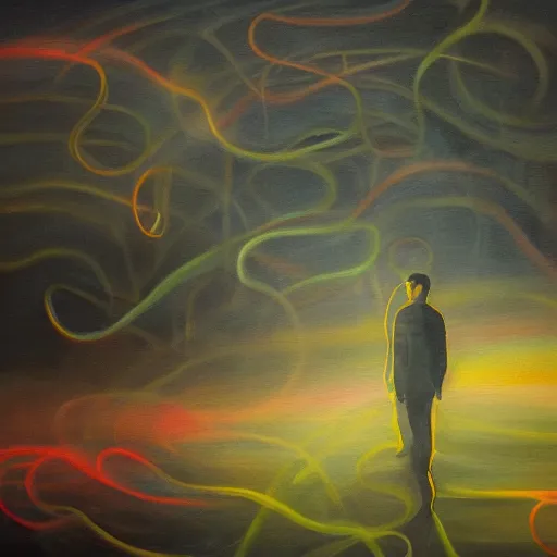 Image similar to a colorful painting of tendrils of fog swirling around a man in a dark place