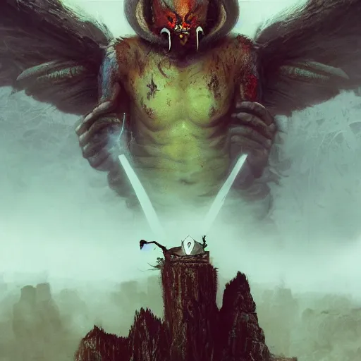 Image similar to scary , epic , Post-processing , low angle , Greg rutkowski legendary matte painting , masterpiece , 8K centered headshot Portrait of a psychedelic godlike mothman posing with a cigar with giant mandala wings smoking a hand-rolled cigarette smoking heavily , magic mushroom village in background , post-processing , award winning. superb resolution. in the art style of Satoshi Kon and Greg Rutkowski , Detailed Mushroom city in background , Hyper realistic anime , Perfect art , Dalle2