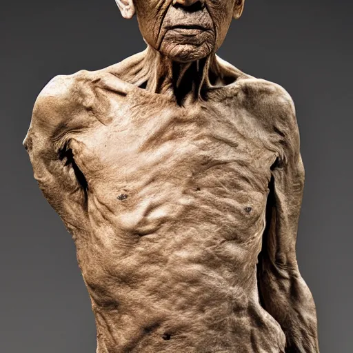 Prompt: hyperrealistic sculpture of a fossilized bronze chinese prisoner by ron mueck and duane hanson and giacometti and elizabeth frink, patina, hyperrealistic dramatic lighting 8 k