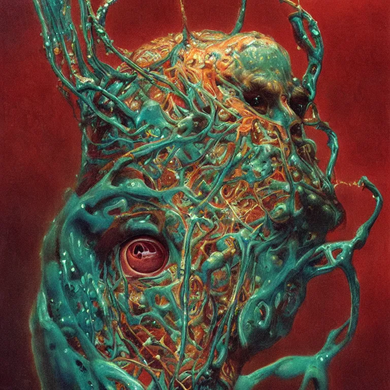 Prompt: Hyperrealistic intensely colored close up studio Photograph portrait of a deep sea bioluminescent Sting, symmetrical face realistic proportions eye contact, sitting in His throne underwater, award-winning portrait oil painting by Norman Rockwell and Zdzisław Beksiński vivid colors high contrast hyperrealism 8k