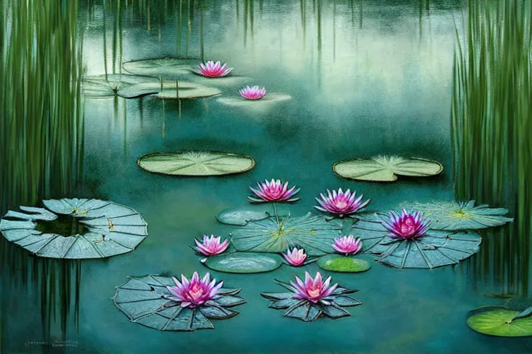 Image similar to light teal portrait in the rain on pond with waterlilies, fantasy, intricate, elegant, dramatic lighting, emotionally evoking symbolic metaphor, highly detailed, lifelike, photorealistic, digital painting, artstation, concept art, smooth, sharp focus, illustration, art by John Collier and Albert Aublet and Krenz Cushart and Artem Demura and Alphonse Mucha