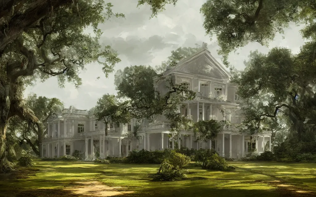 Image similar to a southern plantation, ornate large white manor house, long tree-lined driveway, romanticism, hyperdetailed, artstation, cgsociety, 8k, masterpiece