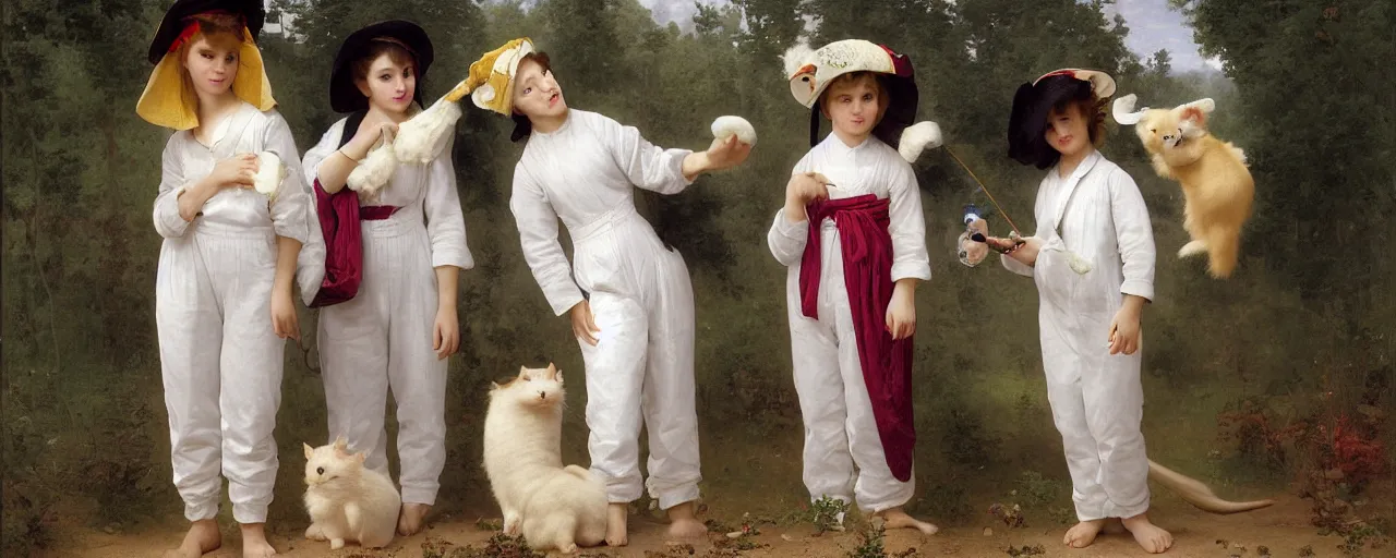 Image similar to A character sheet of full body cute magical ferrets wearing an oversized set of white overalls stained in colorful paints, Short Puffy pants made of cotton, work boots, cat toy accessories all over. Flowing fabric. Golden Ribbon. Covered in stars. Fancy hats. Fluffy Hair. Art by Johannes Helgeson and william-adolphe bouguereau and Paul Delaroche and Alexandre Cabanel and Lawrence Alma-Tadema and WLOP and Artgerm. Fashion Photography. Decora Fashion. harajuku street fashion. Kawaii Design. Intricate, elegant, Highly Detailed. Smooth, Sharp Focus, Illustration Photo real. realistic. Hyper Realistic. Sunlit. Moonlight. Dreamlike. Fantasy Concept Art. Surrounded by clouds. 4K. UHD. Denoise. Stolen Prompt