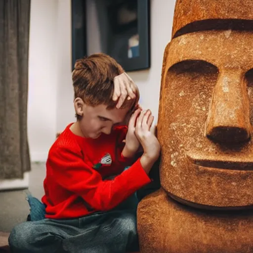 Prompt: a kid at christmas disappointed and sad that his present was a giant moai statue, his hands buried in his face | inside of a house next to a christmas tree, large present in the back