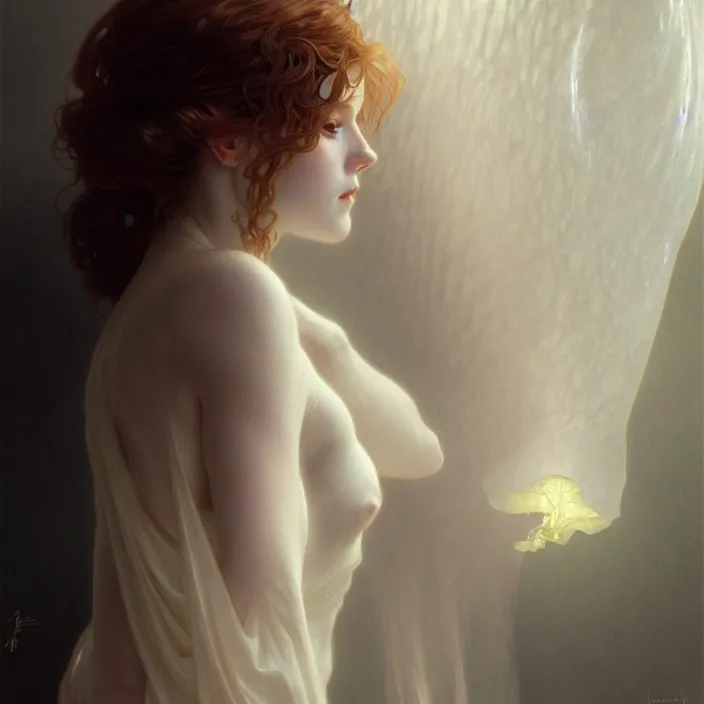 Prompt: translucent ghost, diffuse lighting, fantasy, intricate, elegant, highly detailed, lifelike, photorealistic, digital painting, artstation, illustration, concept art, smooth, sharp focus, art by John Collier and Albert Aublet and Krenz Cushart and Artem Demura and Alphonse Mucha