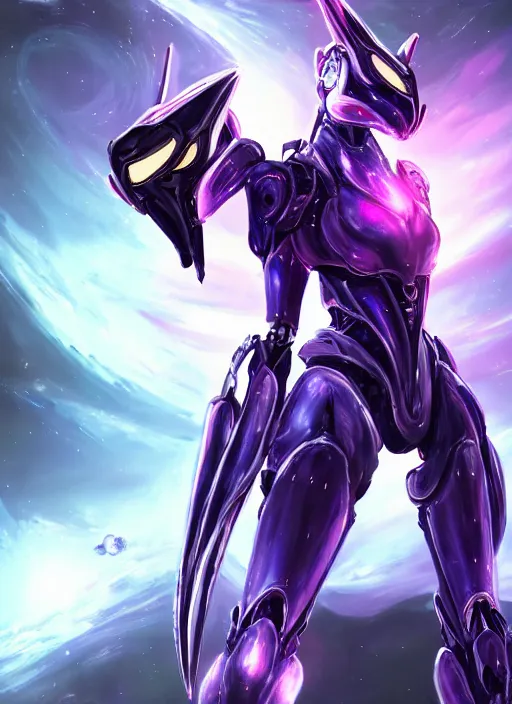 Image similar to cinematic shot, cosmic sized perfectly proportioned stunning beautiful hot female warframe, robot mecha female dragon head, mecha dragon maw, silver armor, fuschia leds, floating in empty space, nebula sized, holding a galaxy, epic proportions, epic size, epic scale, furry art, dragon art, giantess art, warframe fanart, furaffinity, deviantart