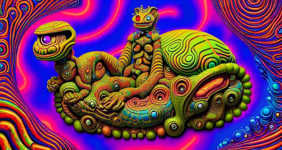 Prompt: portrait of a giant cartoon alien lion as a psychedelic neural tiki reptile stone god laying on a sofa, by naoto hattori, android jones, and chris dyer, deep bold colors, galactic dmt entity, depth of field, intricate beautiful painting, billions of details, octane render, portal, 8 k, detailed vector, trending on artstation, cgisociety