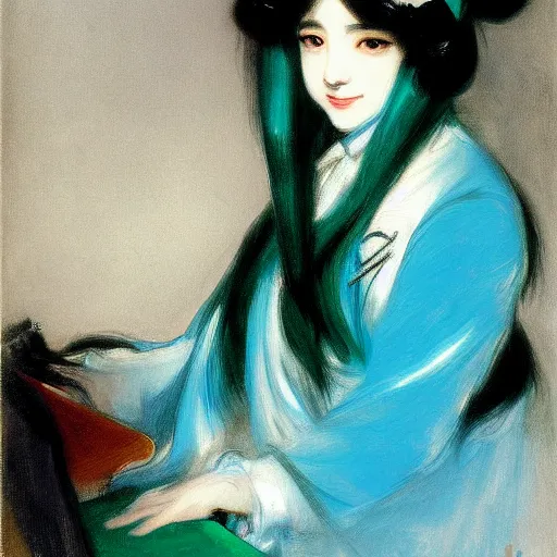 Prompt: painted portrait of miku hatsune, by john singer sargent