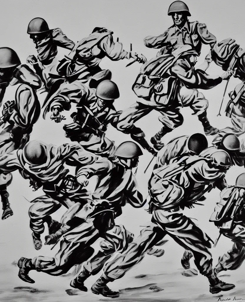 Image similar to a painting of running soldiers and bombs in el alamein battle, wwii,, black and white, disorder, bauhaus