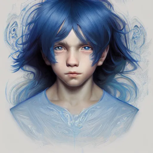 Prompt: young boy, blue hair, one eye bandadged gorgeous, amazing, elegant, intricate, highly detailed, digital painting, artstation, concept art, sharp focus, illustration, art by artgerm and greg rutkowski and alphonse mucha