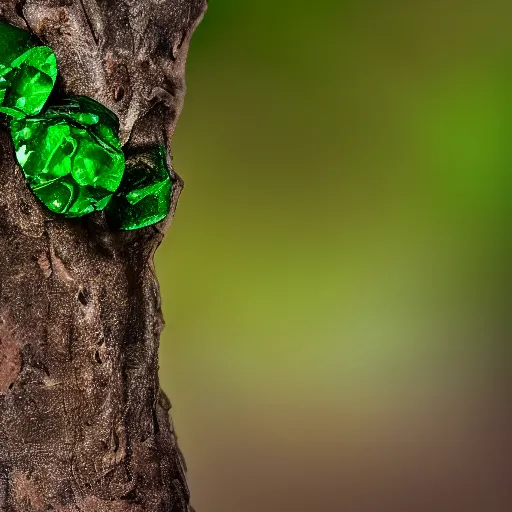 Image similar to green crystals growing out of a tree, complex form, 40nm, shallow depth of field, split lighting, 4k,