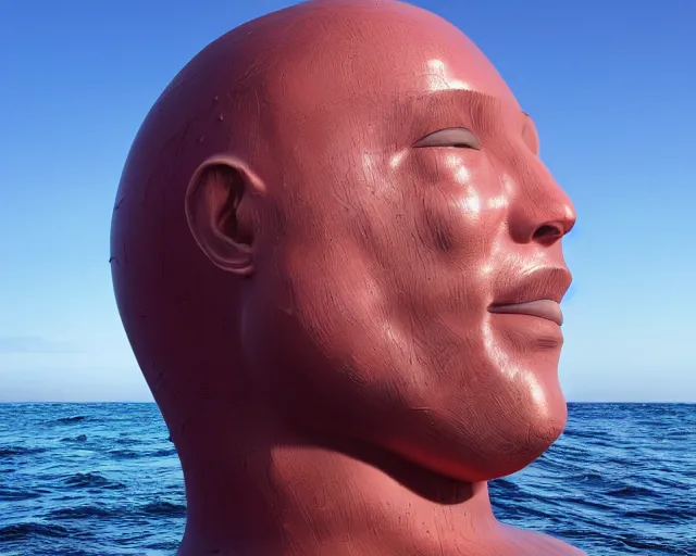 Image similar to a long shot of a giant award winning sculpture of a human head made out of inflatable toys on the surface of the ocean, in the style of chad knight, hyper detailed, hyper realistic, ray tracing, 8 k resolution, sharp focus, realistic water