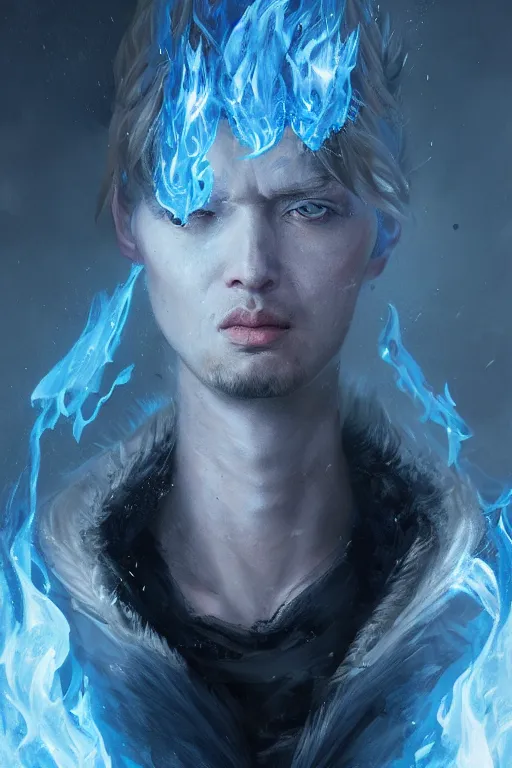 Prompt: a fancy portrait of a charecter with half ice and half blue flames by Greg Rutkowski, Sung Choi, Mitchell Mohrhauser, Maciej Kuciara, Johnson Ting, Maxim Verehin, Peter Konig, Bloodborne , 8k photorealistic, cinematic lighting, HD, high details, atmospheric , trending on artstation