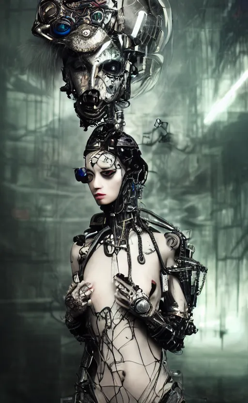 Image similar to hyperrealistic futuristic high fashion photography, girl in studio, full body, cybernetic parts by luis royo, asian, vogue magazine, nomad masterpiece, nano parts, neon lights, smoke, eerie music, beautiful intricate face and flawless skin, tribal jewelry, tattoos, perfect hands, head piece, by Edgar Maxence and Ross Tran and Michael Whelan, 8k, octane render