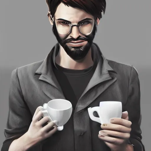 Image similar to startup CEO having a cup of coffee. Handsome!!!!!!! sci-fi concept art photorealistic!!!!!