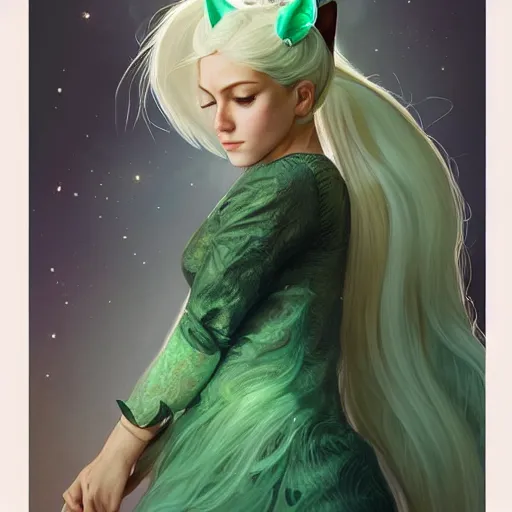 Prompt: ultra realistic illustration, dream girl with white hair, with light green eyes, with cat ears, in a sundress, intricate, elegant, highly detailed, digital painting, artstation, concept art, smooth, sharp focus, illustration, art by artgerm and greg rutkowski and alphonse mucha