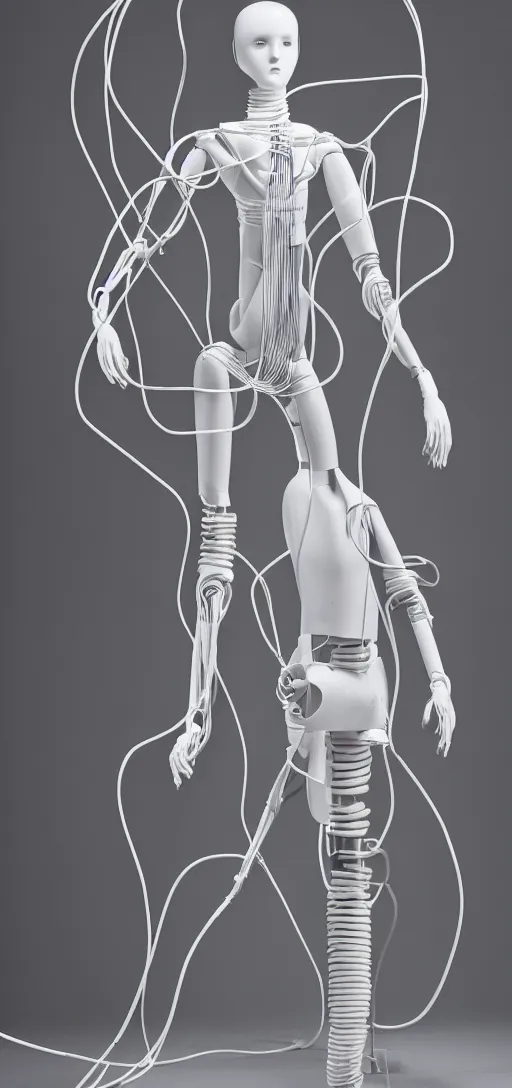 Prompt: a white futuristic mannequin with wires and pipes extending from its body