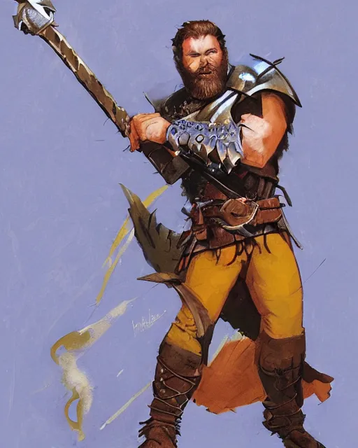 Prompt: hardwon surefoot, hirsute epic level dnd human fighter, wielding the godshammer, a magical war hammer, wearing magical armor. thick quads. full character concept art, realistic, high detail digital gouache painting by angus mcbride and michael whelan.