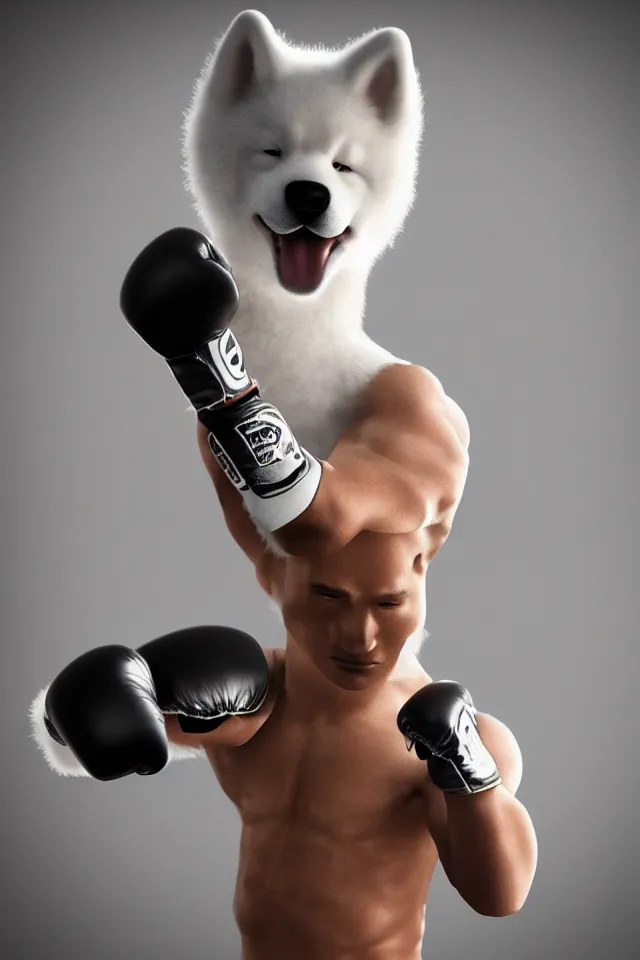 Image similar to samoyed dog head on a human body as a muay thai kickboxer, gloves on hands, Rajadamnern Stadium, world championship fight, photorealistic, cinematic lighting, 4k