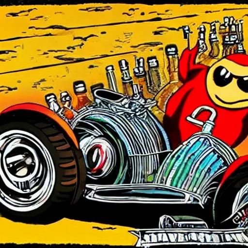 Prompt: giant humanoid hotrod drinking oil like a beer, hyper realistic, award winning photo, in the style of Ed Roth